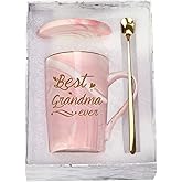 Best Grandma Ever Coffee Mug, Birthday / Mothers Day Gifts for Grandma from Granddaughter Grandson Grandchildren Grandkids 14 Ounce Gift Box with Spoon and Coaster Pink
