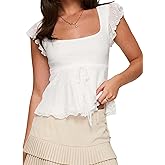 MBZJSDKHLK Women Square Neck Peplum Top Y2k Cap Sleeve Lace Up Layered Lettuce Trim Flared Ruffle Hem Tee Shirt Streetwear