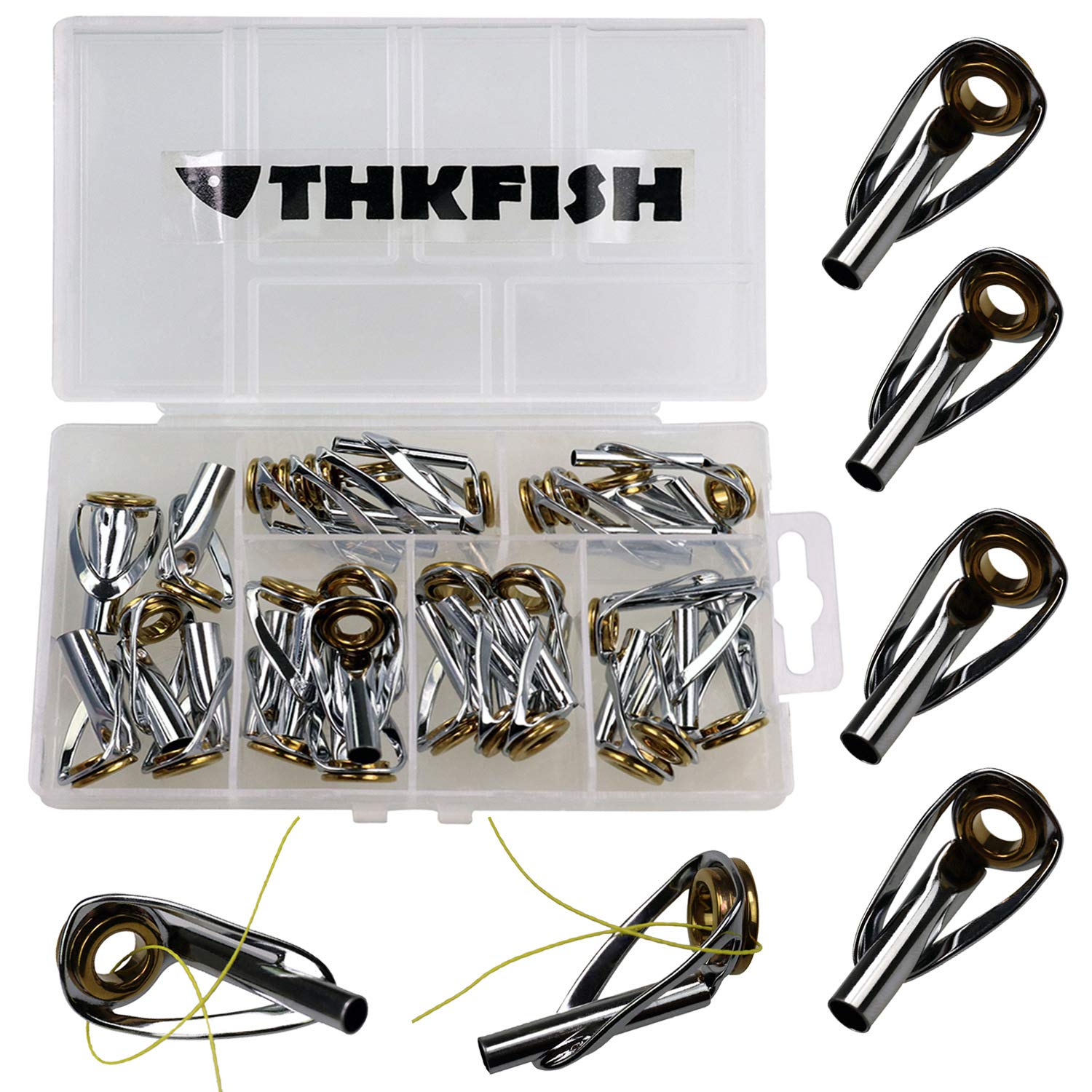 THKFISH Fishing Rod Tip Repair Kit Heavy Duty Fishing Tip Tops Sliver Body Fishing Golden Ceramic Ring Sea Saltwater Fishing Rod Guides Tip Repair Kit 30pcs
