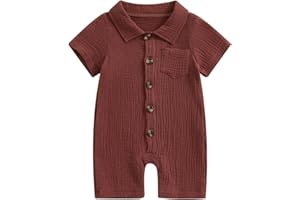 Baby Boy Jumpsuit Newborn Romper Infant Summer Clothes Solid Color Short Sleeve Lapel Button Down Overalls Bodysuit