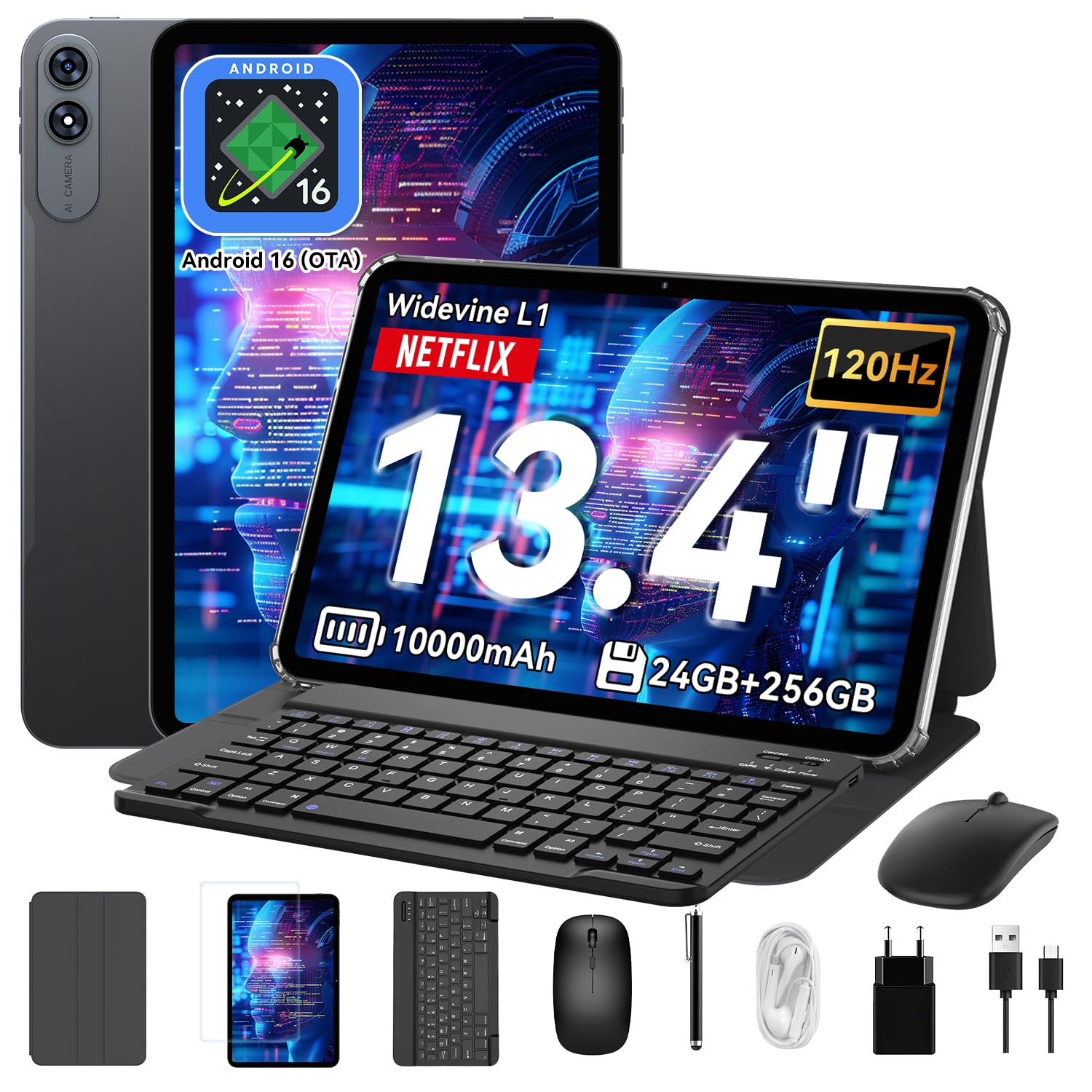 T60 Pro Tablet 13.4 Zoll, Tablet Android 16 mit Tastatur, 120Hz FHD Display, 24GB RAM+256GB ROM, 10000mA, Widevine L1, Octa-Core Gaming Tablet für Studium,Arbeit,inkl. Stift & Maus, 4 Jahre Garantie