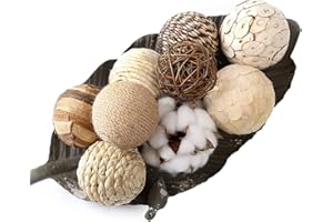 CIR OASES Assorted Decorative Spherical 9pcs Brown White Orbs Natural Twig Rattan Woven Cotton Balls for Vase Bowl Filler Tabletop Decor