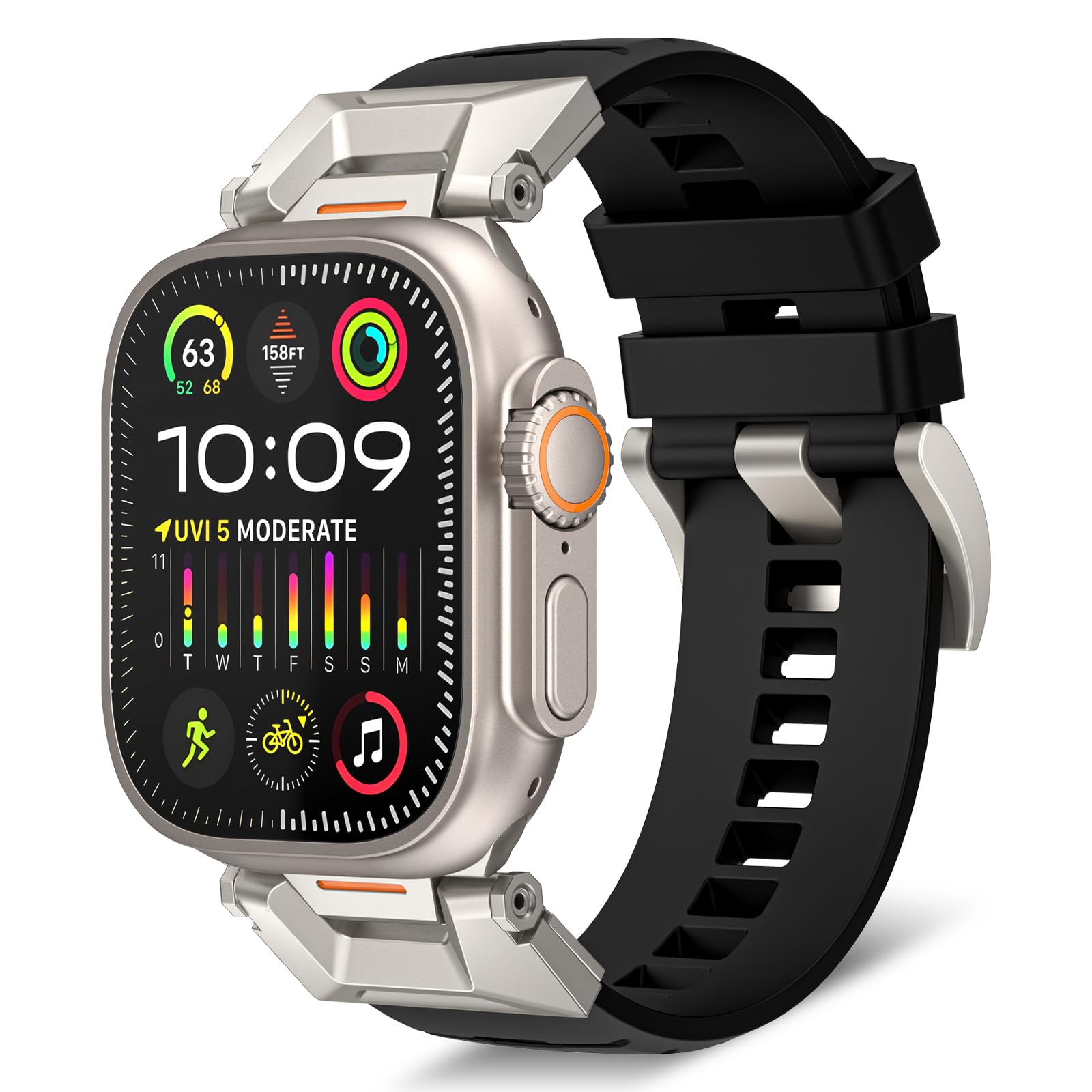 RoYiio Strap for Apple Watch Ultra 3/2 49mm Band Stainless Steel & Fluoro Rubber Strap for Apple Watch Series 11/10 46mm, Series 9/8/7 45mm, Series 6/5/4/SE 3/SE 2 44mm, Series 3/2 42mm - Black