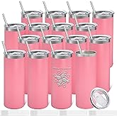 YOUKE OLA 16 Pack Stainless Steel Skinny Tumblers Bulk Straight Double Wall Powder Coated Insulated Tumbler with Lid and Straw for Laser Engrave, DIY Gift, 20oz Light Pink
