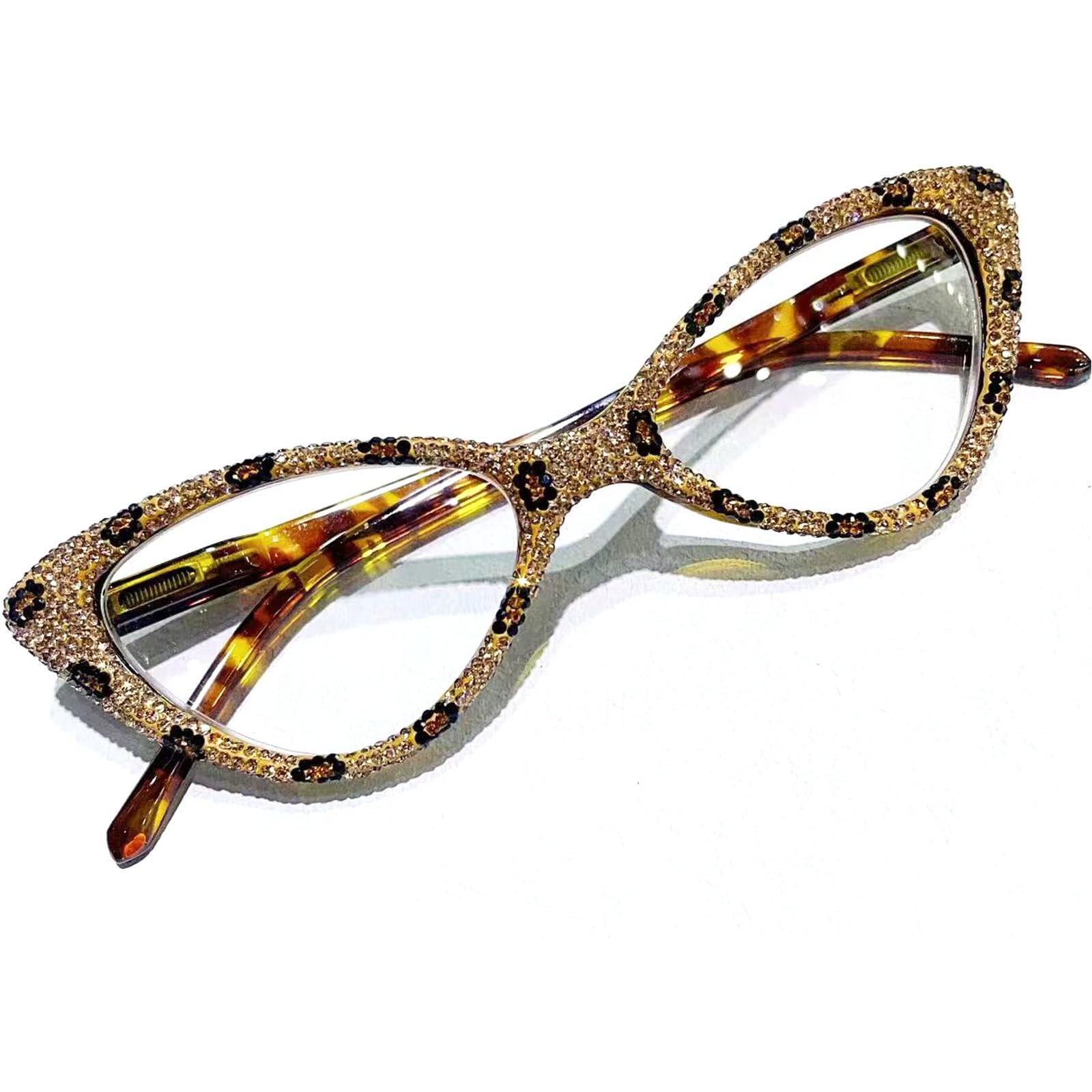Photo 1 of mincl Cat Eye Crystal Rhinestone Reading Glasses for Women Sparkling Eyewear Frames Female Trendy bling Diamond Reader (leopard, 1, multiplier_x)