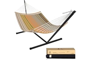 Patio Watcher 12 FT Double Quick Dry Hammock with Curved Bamboo Spreader Bar, Outdoor Patio Two Person Hammock with Portable Steel Stand,450 lbs Capacity, Coffee