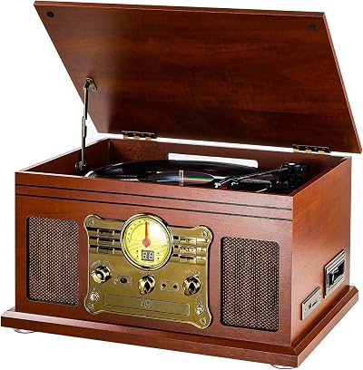 Mersoco 10-in-1 Bluetooth Record Player Mahogany 3-Speed Turntable