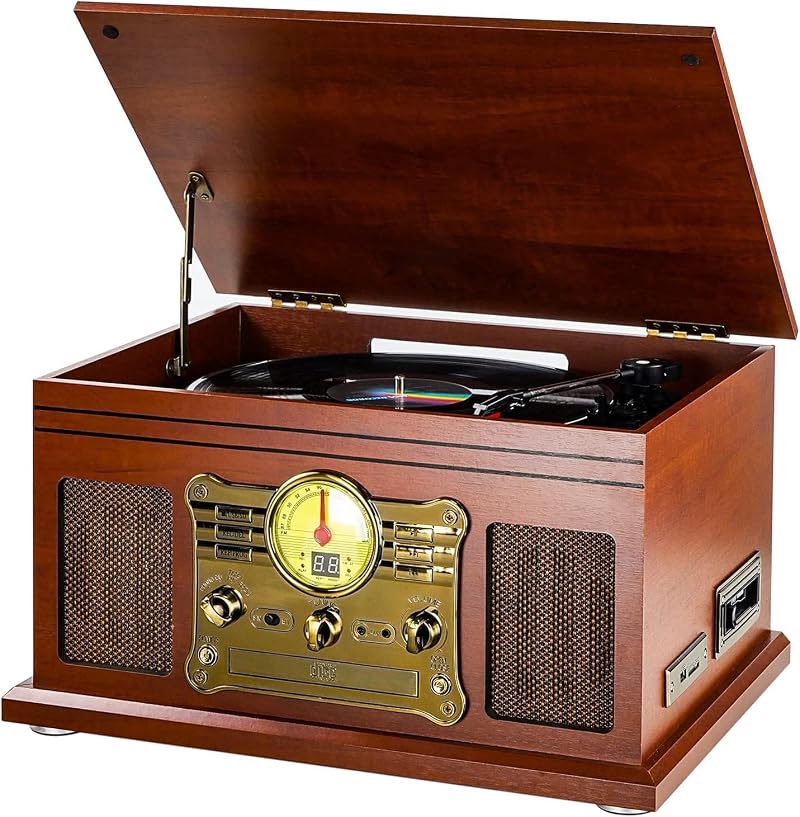 Mersoco 10-in-1 Bluetooth Record Player Mahogany 3-Speed Turntable