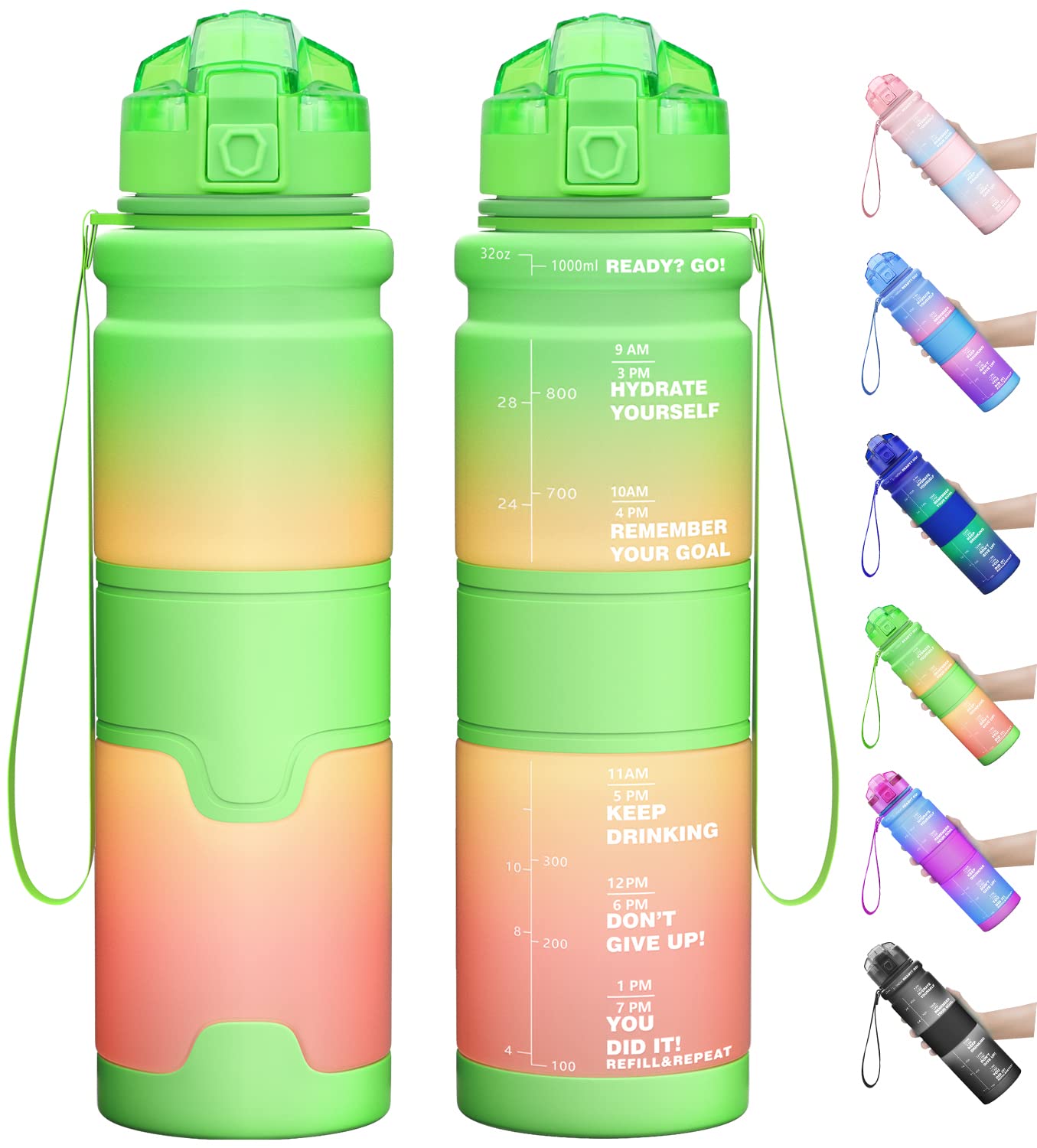 Lunidry 1 Litre Water Bottle, 500ml Kids Water Bottle for School, BPA Free Leakproof Motivational Plastic Drink Bottles with Time Markings, 1l Sports Water Bottles for Running, Gym, Mens