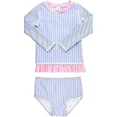 RuffleButts Baby/Toddler Girls Seersucker Long Sleeve Rash Guard Bikini