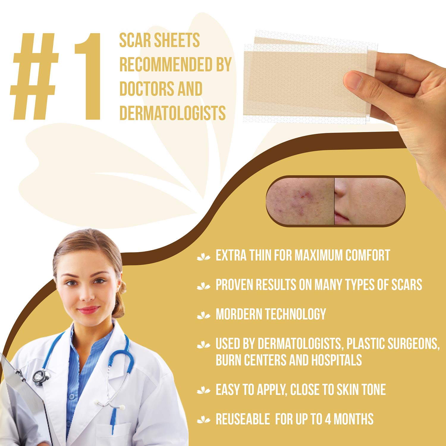 HANASCAR Professional Silicone Scar Removal Sheets, Treat Scars Caused by C-Section, Surgery, Burn, Injuries, Acne, and Stretch Marks, Works on Old & New Scars, 5.7"×1.57”, 4 Reusable Sheets : Beauty
