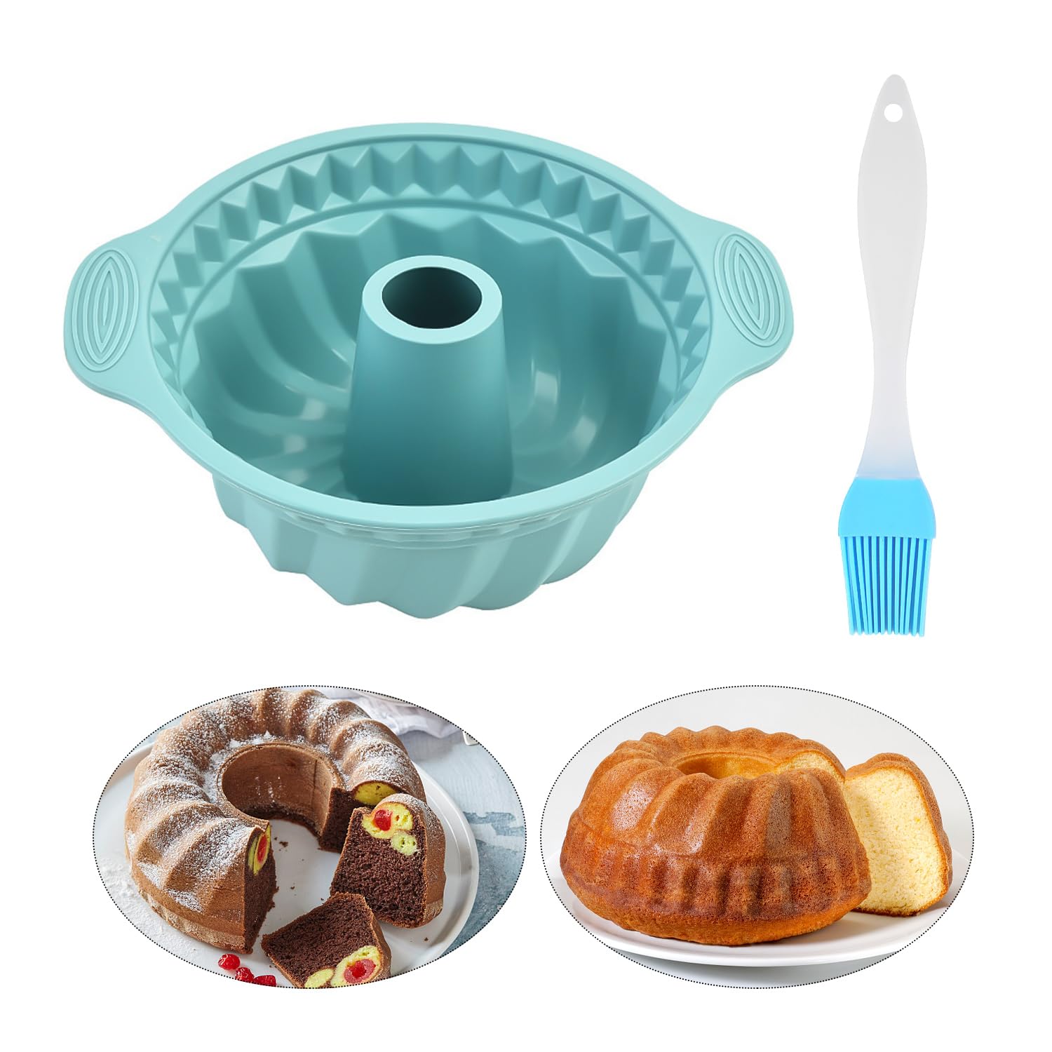 1 Piece Threaded Cake Mold, 1 Piece Oil Brush, Fluted Silicone Baking Pan, Round Baking Pan with Handle, Bread Baking Tools, Round Cake Mold
