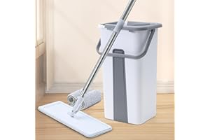 LAIDER HEROS Mop and Bucket with Wringer Set, Hands Free White Flat Squeeze Mop Bucket Set for Floor Cleaning and Wall Cleaner with Long Handle, with 2 Reusable Microfiber Pads