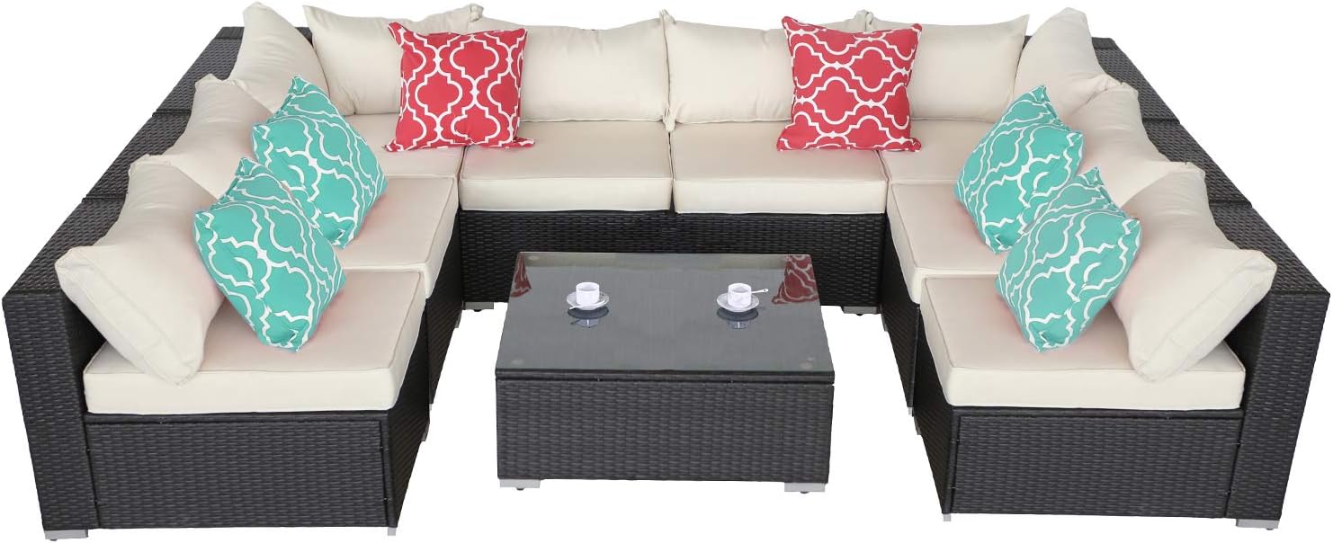 Furnimy 9 PCS Outdoor Patio Furniture Sectional Sofa Set Rattan Wicker Expresso with Coffee Table and Beige Cushions