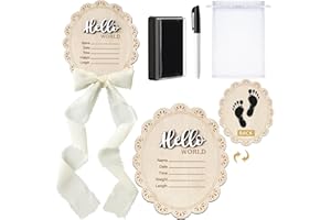 Threehoney Baby Announcement Sign 7 Inch Double Sided Wooden Hello World Newborn Engraved Sign with Organza Bag Marker Pen Ink Pad Ribbon Bow for Baby Shower Hand Footprints Photo Prop (White Bow)
