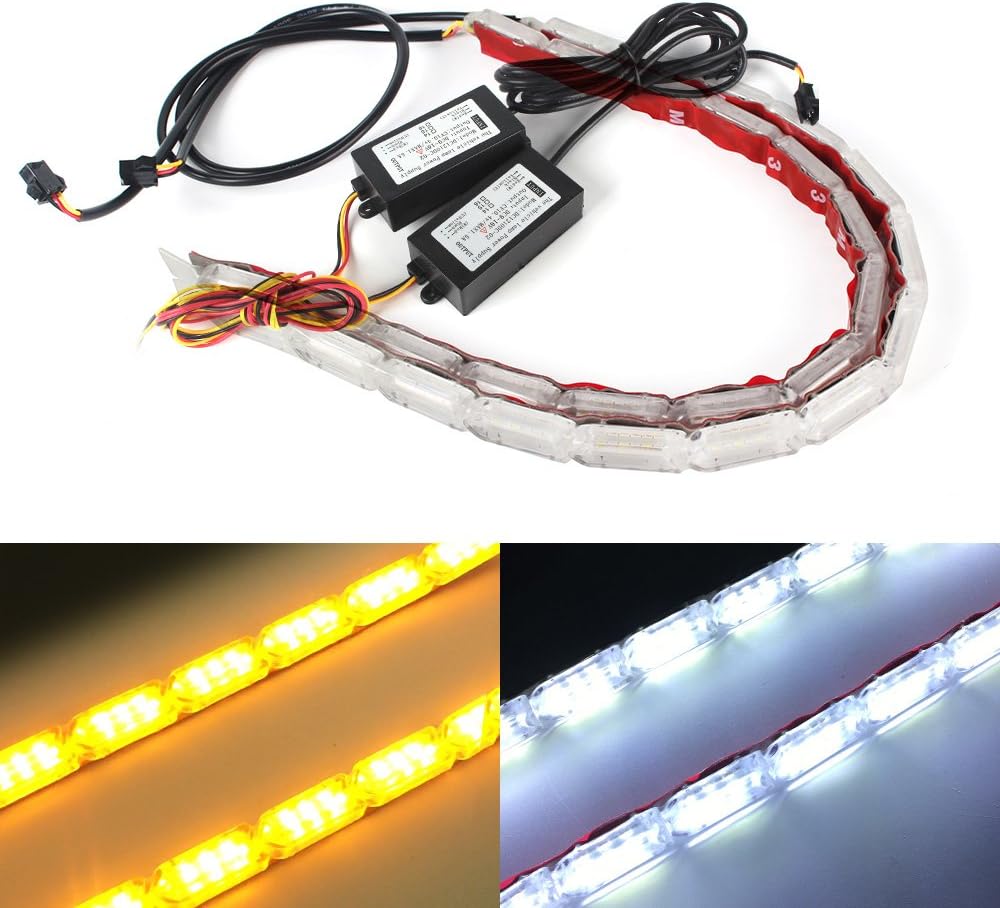 XINFOK 2pcs White Yellow Super Bright Car LED DRL Daytime Running light Flowing Runs Style Sequential Flexible LED DRL Turning Switchback Headlight (10led 31cm, White and Yellow)