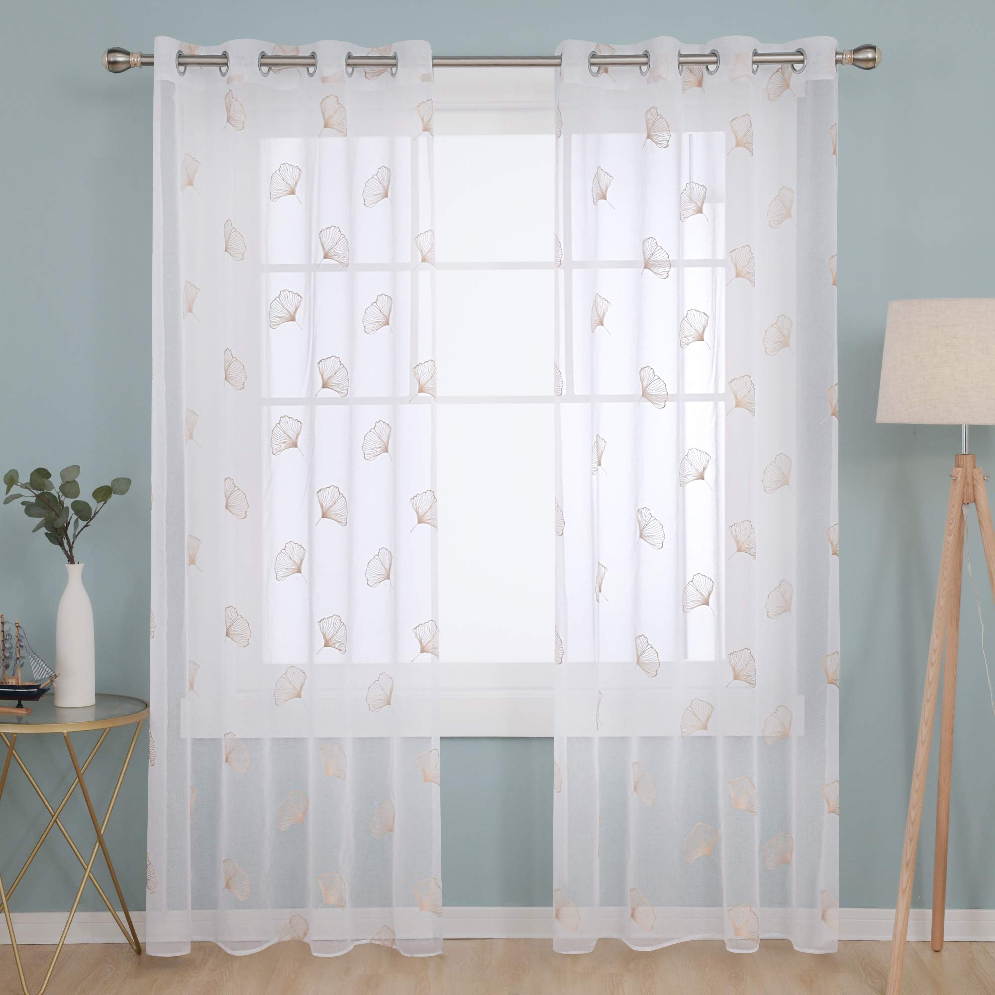 Deconovo Super Soft Linen Effect Sheer Curtains Eyelets Embroidered Voile Curtains Home Decorative Net Curtains for Bedroom 55 x 94 Inch Linen Two Panels