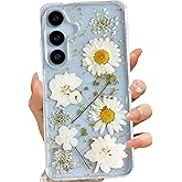 LSEEKA for Samsung Galaxy S25 Clear Case with Pressed Real Dried White Flower Design,Transparent Glitter Cute Floral Slim Soft TPU Protective Phone Cover for Samsung Galaxy S25