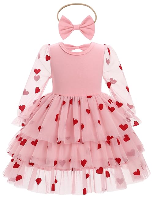 OMEWEE Baby Girl Valentines Day Dress Long Mesh Sleeve Party Dress with Headband Heart Strawberry Print Valentines Dress Valentine's Day Princess Ruffle Dress Photograph Pink-Heart 3-4 Years