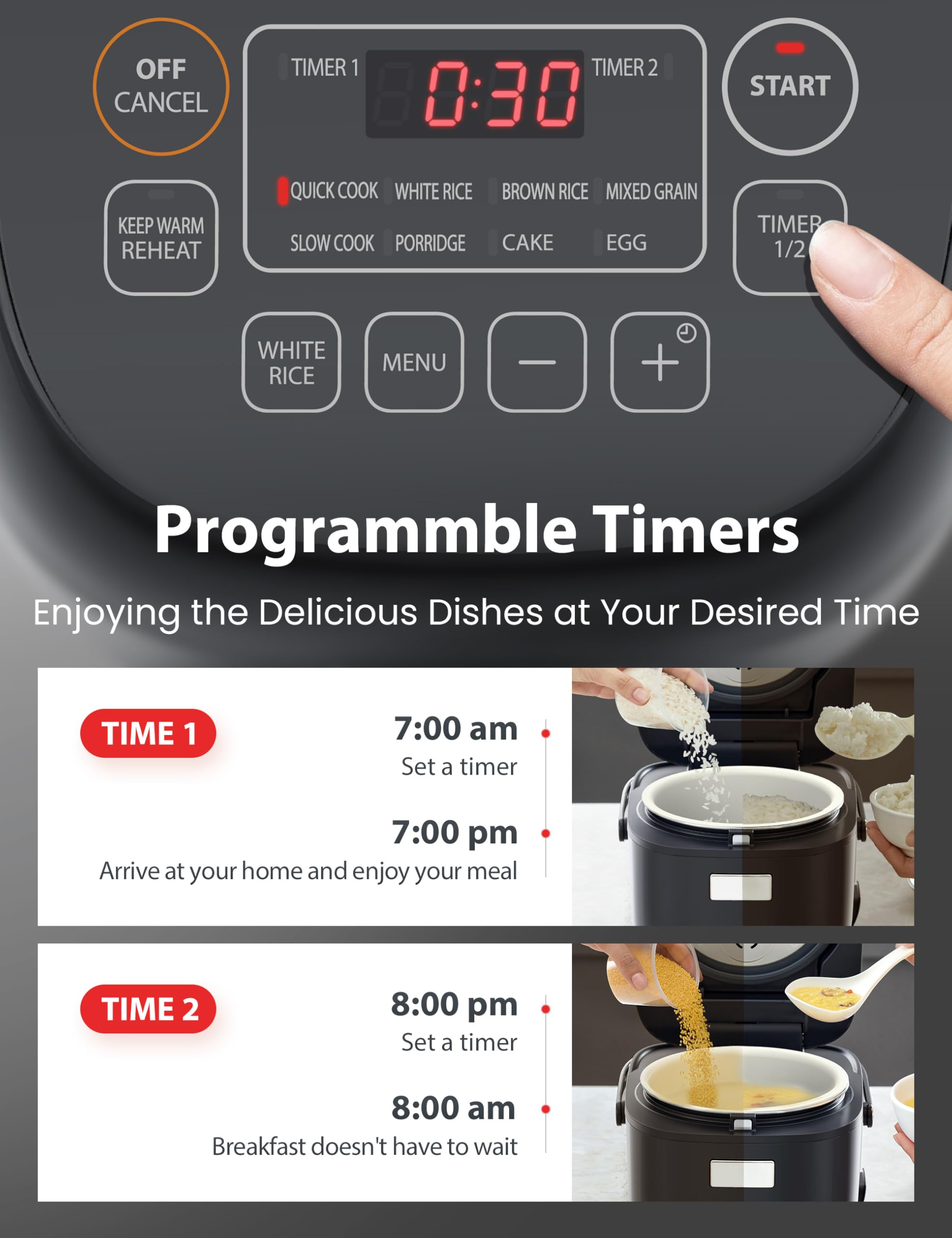 TOSHIBA Rice Cooker Small 3-Cup Uncooked– LCD Display with 8 Cooking Functions: Rice, Oatmeal, Mixed Grains and More, NonStick Inner Pot, Grey