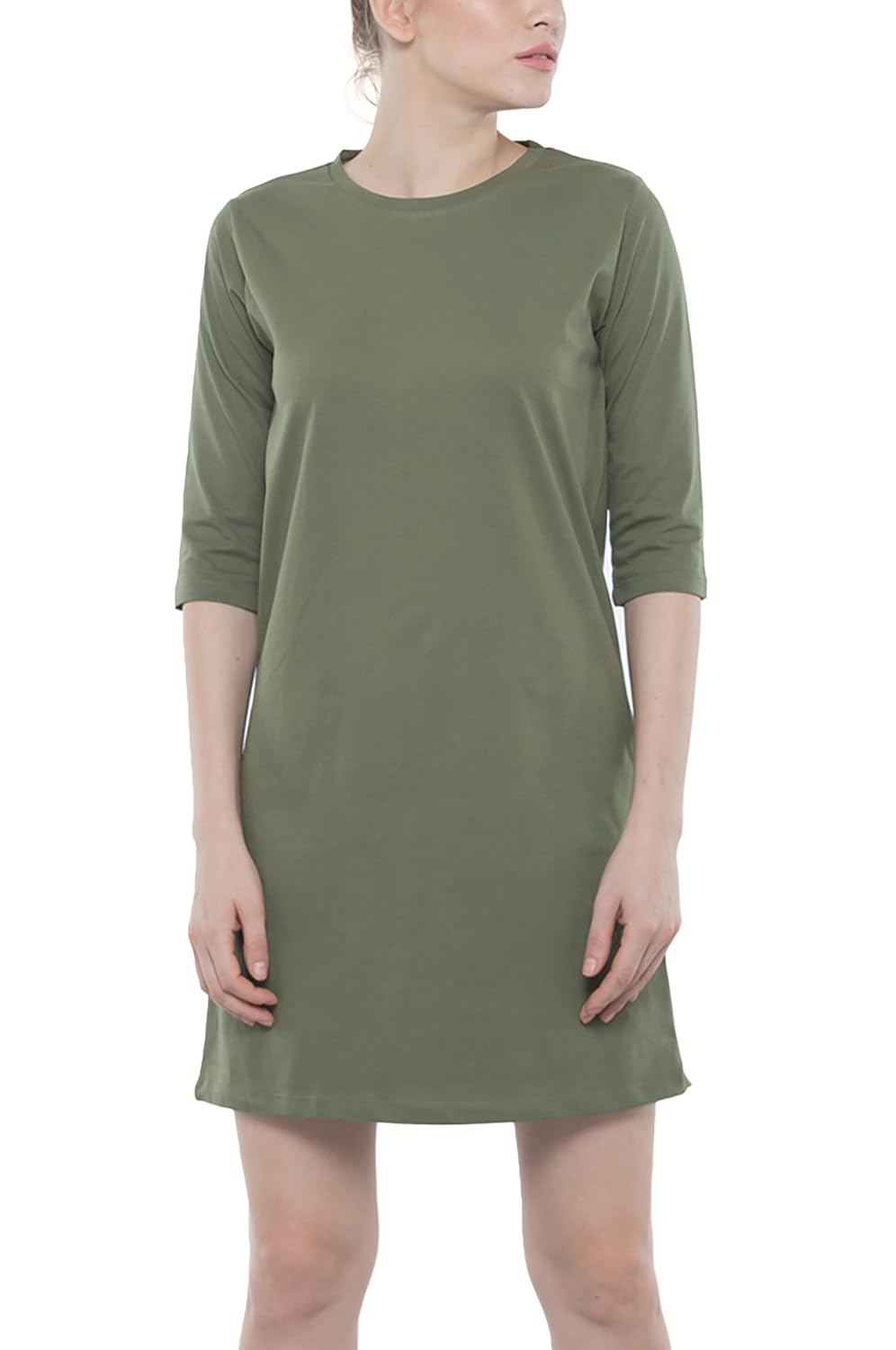 bewakoof army green plain women's cotton 3/4th sleeves t-shirt dress