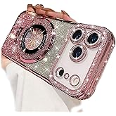 AuroiCCY for iPhone 17 Pro Max Magnetic Kickstand Case, [Compatible with Magsafe] Bling Glitter Diamond Rhinestone Ring Holder Camera Lens Protector Girls Woman Cute Cover for 17 Pro Max 6.9”, Pink