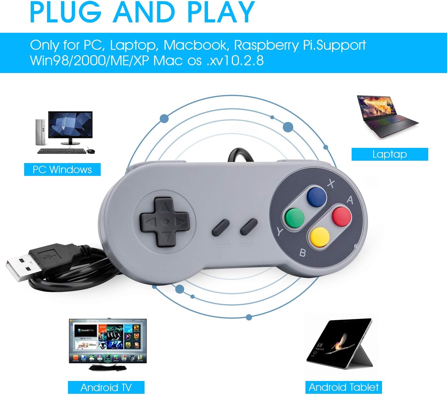 Rii Game Controller, SNES Retro USB Controller, Classic Gamepad Joystick, PC Super Classic Joypad Gamestick for PC, Raspberry Pi, Windows MAC Liunx, Android GP100 (Grey, 2 Packs): Computers & Accessories