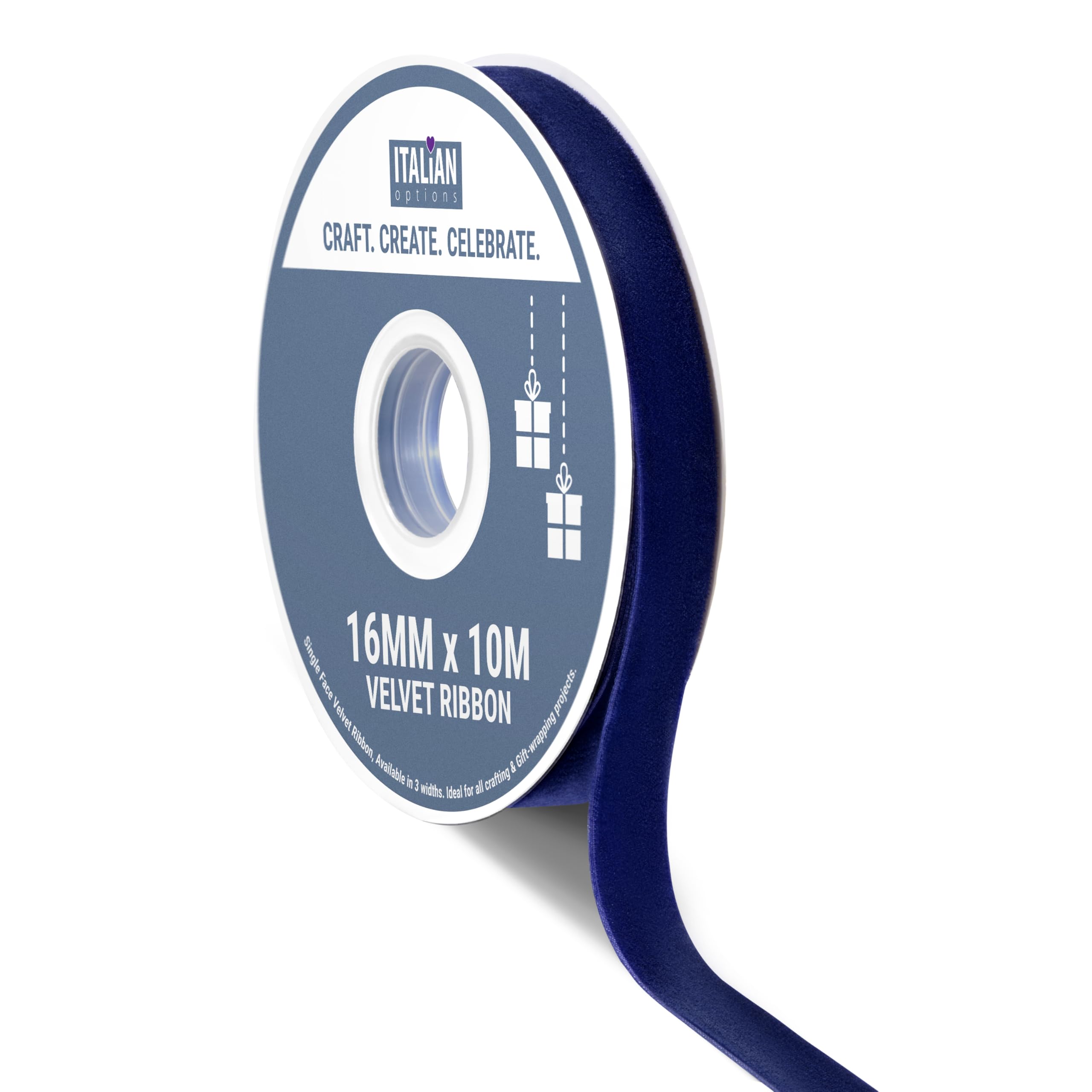 Italian Options Velvet Ribbon, Luxury, Single-Face Velvet Ribbon for Crafting, Christmas, Bows, Hair, Cakes, Weddings, Ornaments, Gift Wrapping, Flowers, 16mm x 10 Metre Roll, Navy — image 1