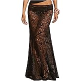 WDIRARA Women's Sexy See Through Floral Lace Sheer Maxi Skirts Elastic Waist Bodycon Long Mermaid Skirt