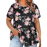 Plus Size Tops for Women Floral Short Sleeves T Shirts Flowy Tunic Blouses | Loose Fit Tunic Tops, Summer Fashion Outfits, 2026 Trendy Clothes, Crewneck Tees, Going Out Vacation, Solid Color