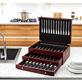 Wood Silverware Chest Without Silverware 3-Layer,Silverware Box Storage | Silverware Case with Handle,Felt Lined,Drawer, Flatware Chest for 12 or 16 or more sets of Utensils