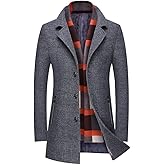 INVACHI Mens Wool Blend Coat Winter Trench Coat with Detachable Soft Scarf Single Breasted Overcoat