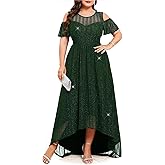 ZOMVA Plus Size Sparkly Mesh Maxi Dress Cold Shoulder Ruffle Sleeve High Low A Line Dresses Wedding Guest Cocktail Party