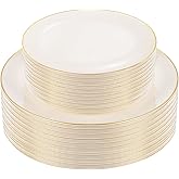 PULOTE 60 PCS Ivory Plastic Plates - Cream Plastic Disposable Include 30 Dinner and 30 Dessert Plates with Gold Rim - Ideal for Party & Wedding