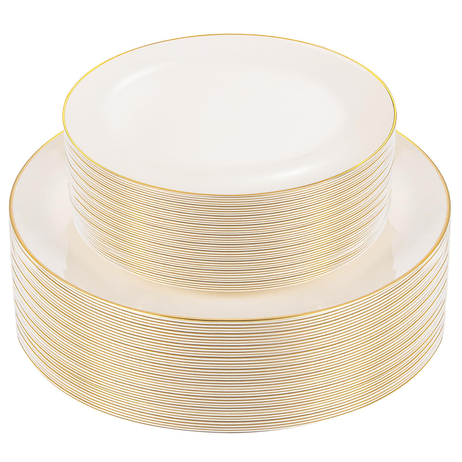 Photo 1 of PULOTE 60 PCS Ivory Plastic Plates - Cream Plastic Disposable Include 30 Dinner and 30 Dessert Plates with Gold Rim - Ideal for Party & Wedding