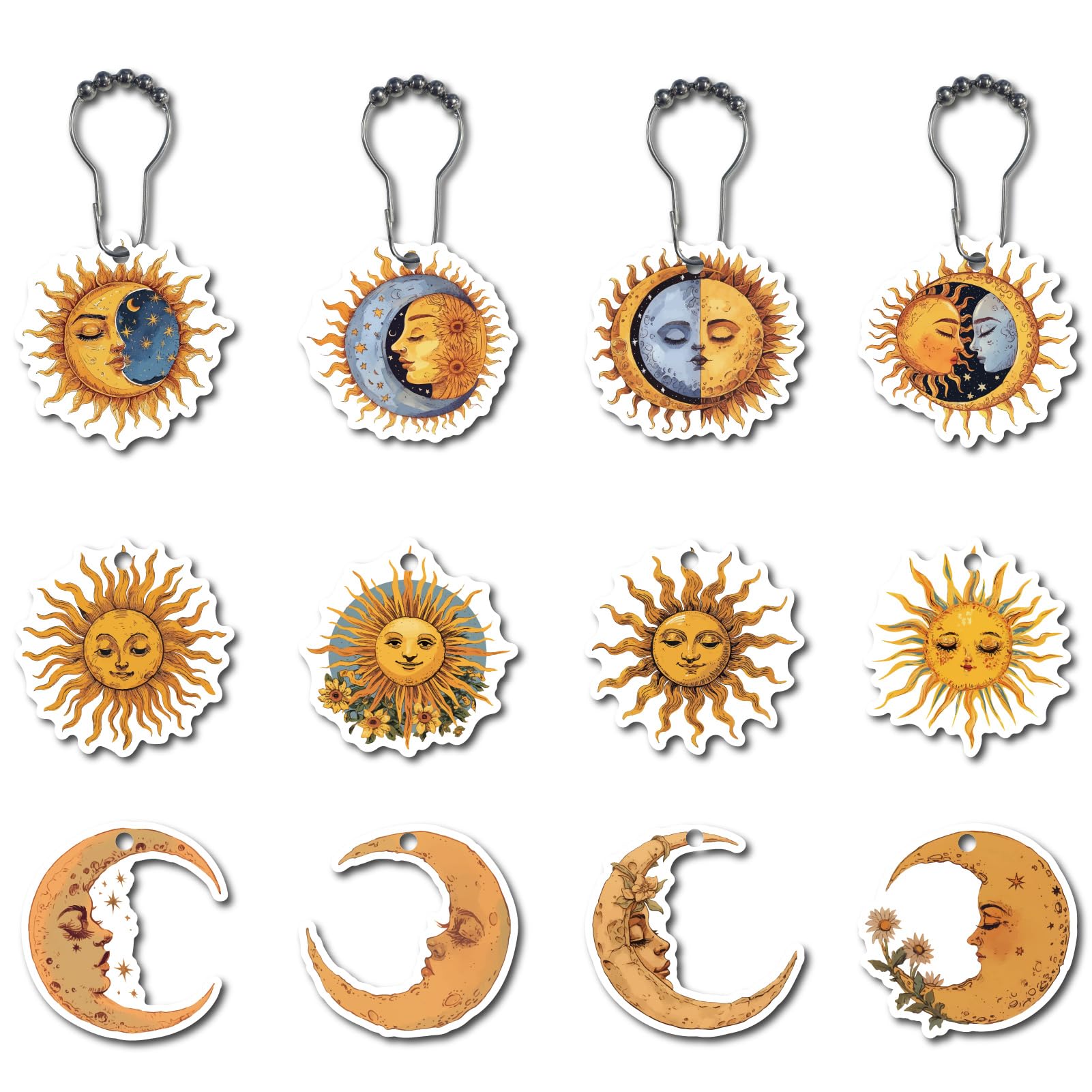 CREATCABIN 12Pcs 12Styles Moon Sun Shower Curtain Hooks Rings Metal Shower Rings Wood Gothic Yellow Curtain Hooks Shower Curtain Hanger with Stainless Steel Chain for Bathroom Decoration