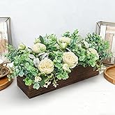 WENMAQIN Spring Decor Floral Table Arrangement with Planter Wooden Tray,Spring Decorations Artificial Green Flower Leaves Table Centerpieces for Dining Room Farmhouse Shelf Kitchen Decor (Green)