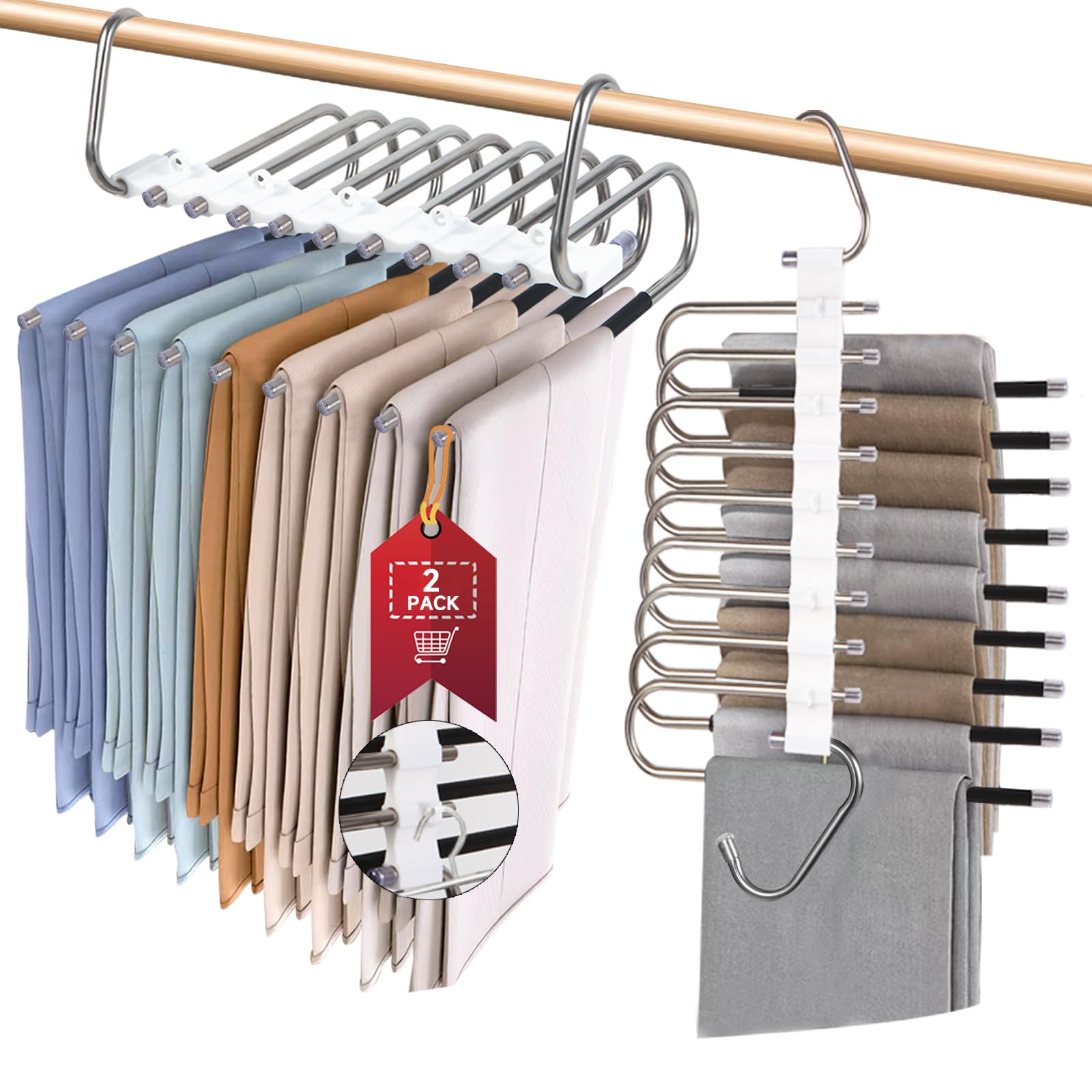 9 Layers Pants Hangers Space Saving 2 Pack, Non Slip Stainless Steel Multifunctional Pants Rack S-Type Clothes Pant Closet Hanger Organizer for Pants Jeans Trousers Scarf Skirts