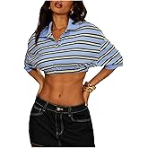 SHENHE Women's Short Sleeve Striped Crop Top Tee Collared Elastic Banded Bottom Top Shirt