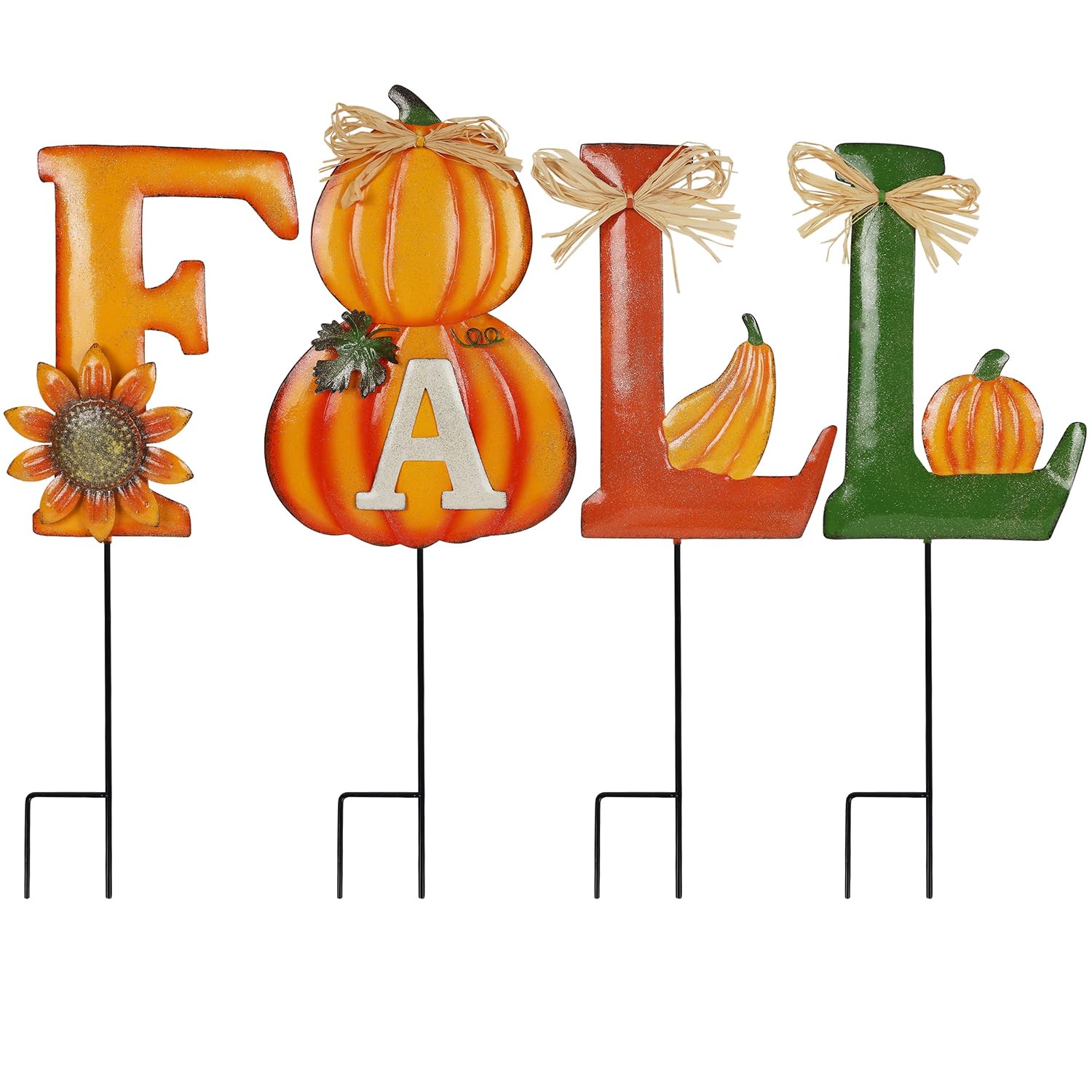 Photo 1 of Juegoal 4 Pcs Fall Decorative Garden Stakes, 24 Inch Letter Metal Yard Sign with Pumpkins, Outdoor Art Stake for Thanksgiving Decorations Autumn Harvest Patio Lawn Walkway, Style A