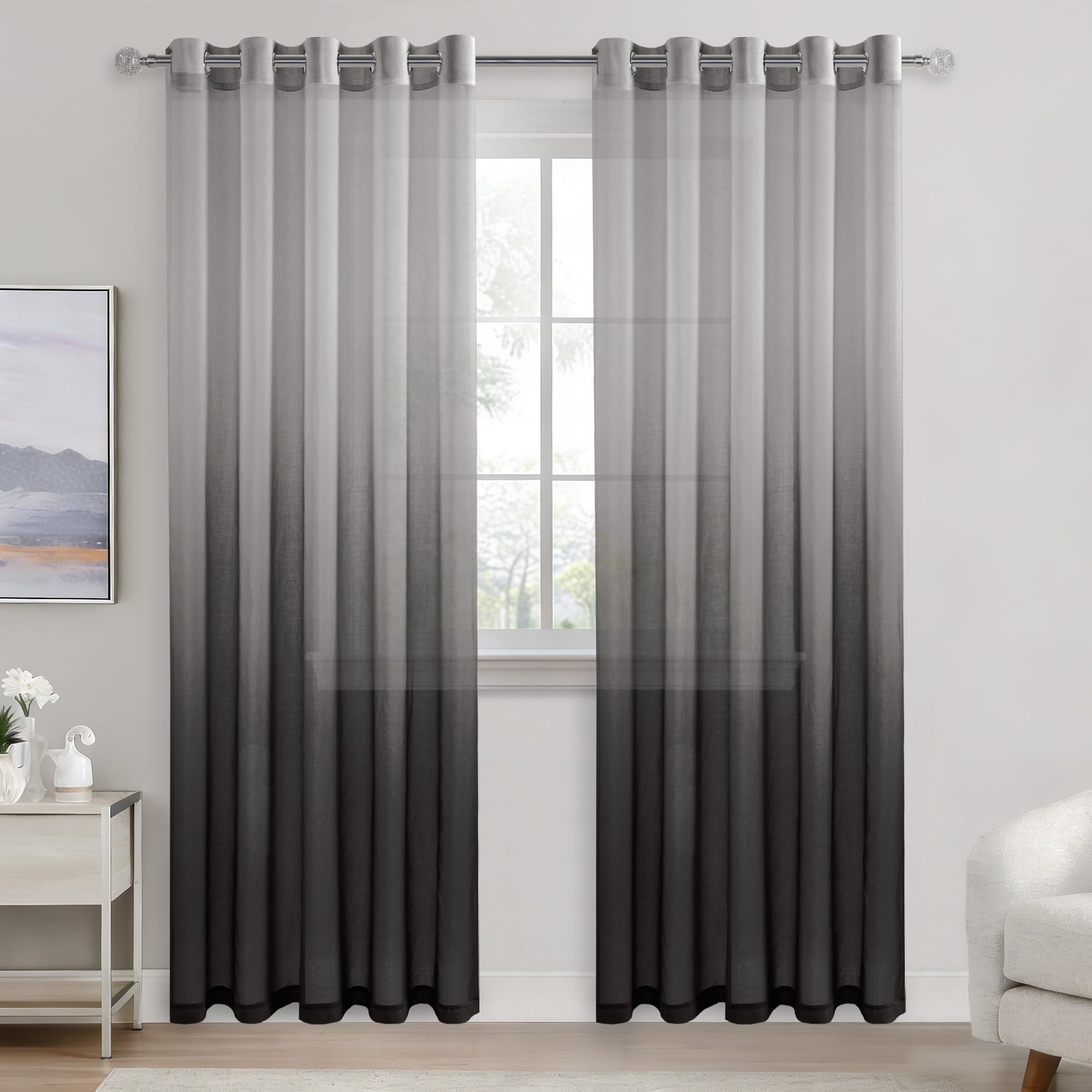DWCN Black Gradient Curtains for Living RoomNet Curtain EyeletVoile Curtains 90 Drop Pair Sheer curtains for Bedroom Set of 2, 66 x 90 Inches