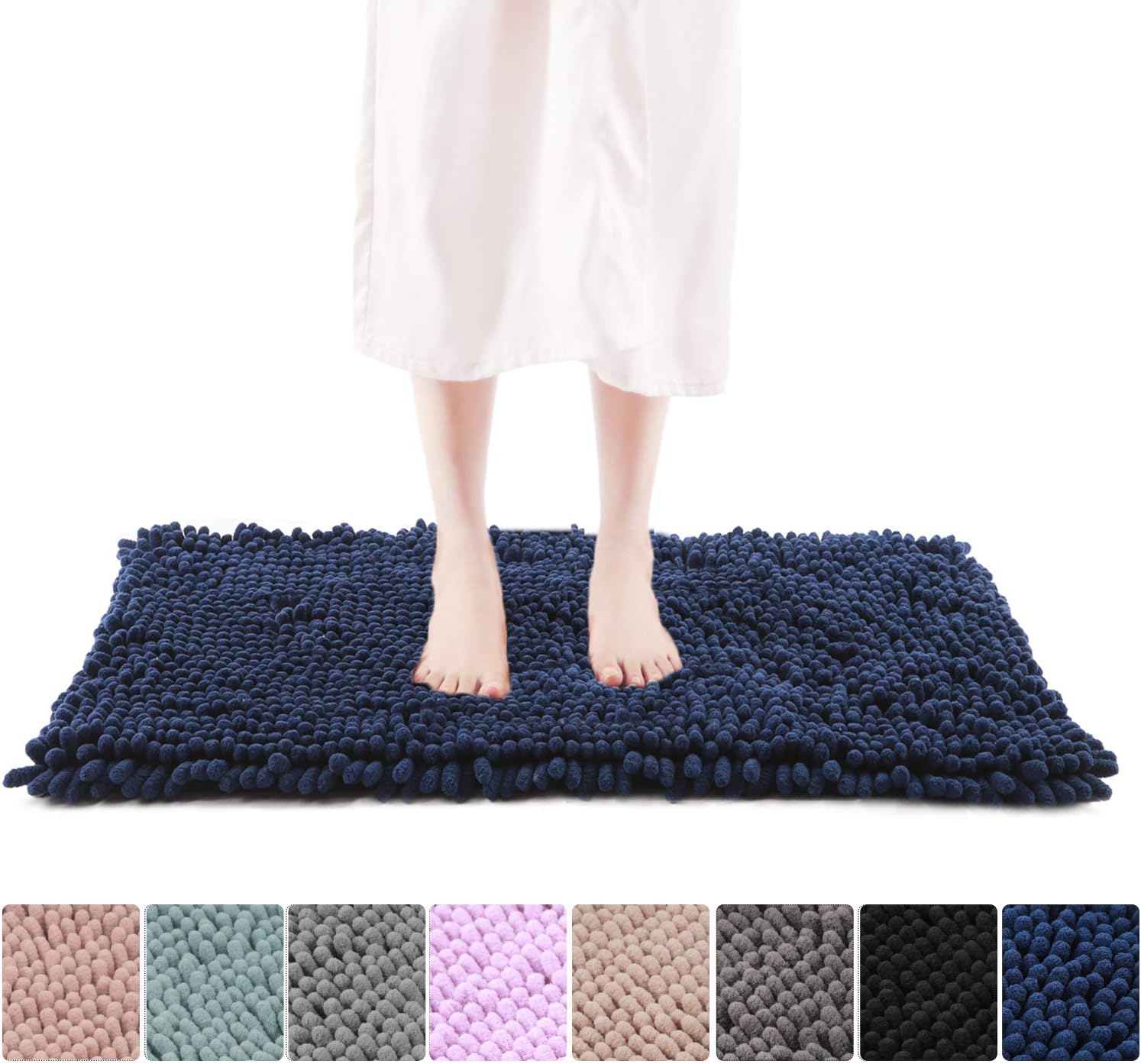 FRESHMINT Chenille Bath Rugs Extra Soft Fluffy and Absorbent Microfiber Shag Rug, Plush Carpet for Tub Bathroom Shower Mat, Machine-Washable Durable Thick Area Rugs (24" x 16.5", Navy)