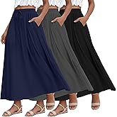 Ficerd 3 Pack Women's Maxi Long Skirts, Ankle Length a Line Elastic High Waist Summer Casual Drawstring Skirts with Pockets
