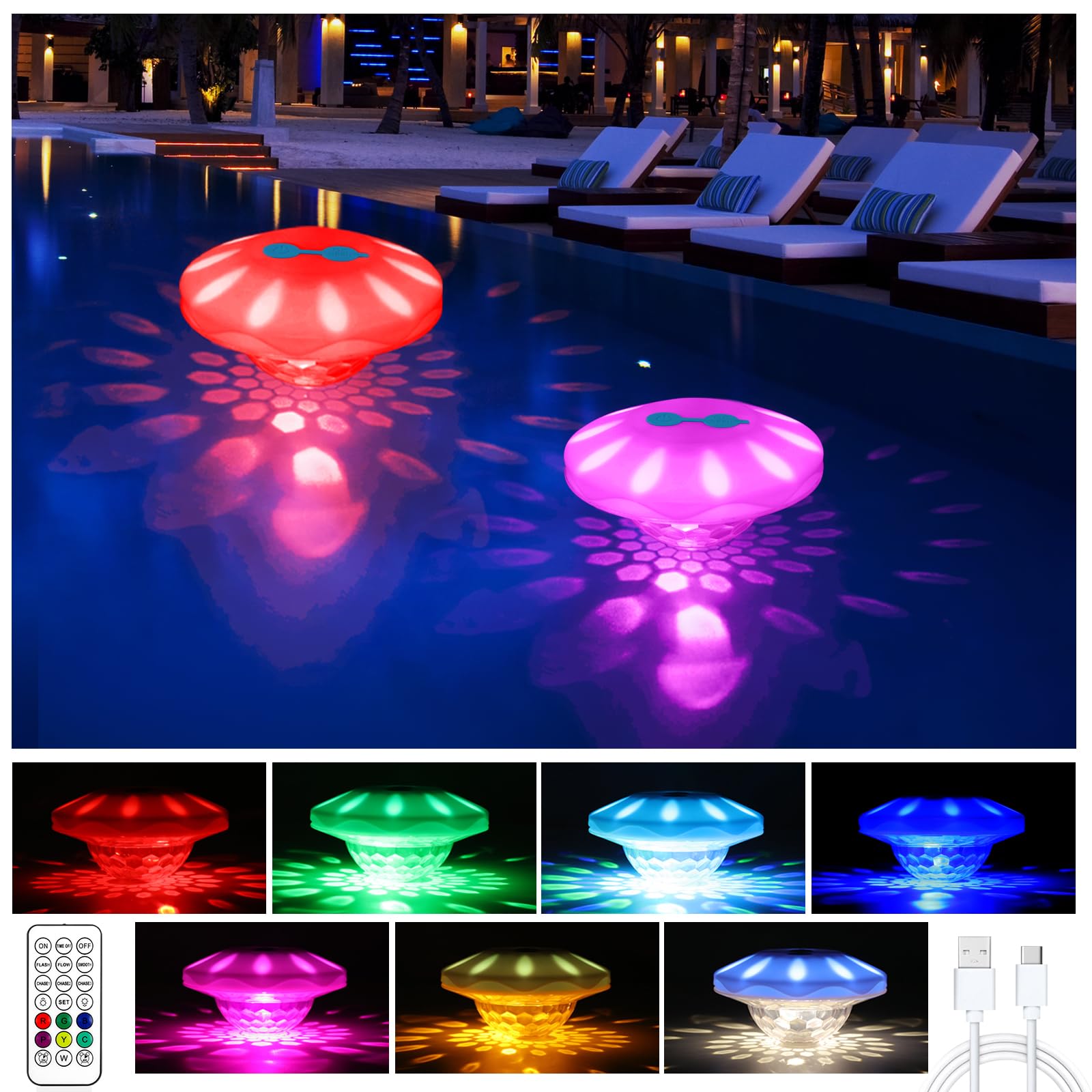 TEPENAR Rechargeable Floating Pool Light – IP68 Waterproof LED for Hot Tub & Spa, 7 Modes, Remote Control, USB Charging for Pool & Party Decor (2 Pack)