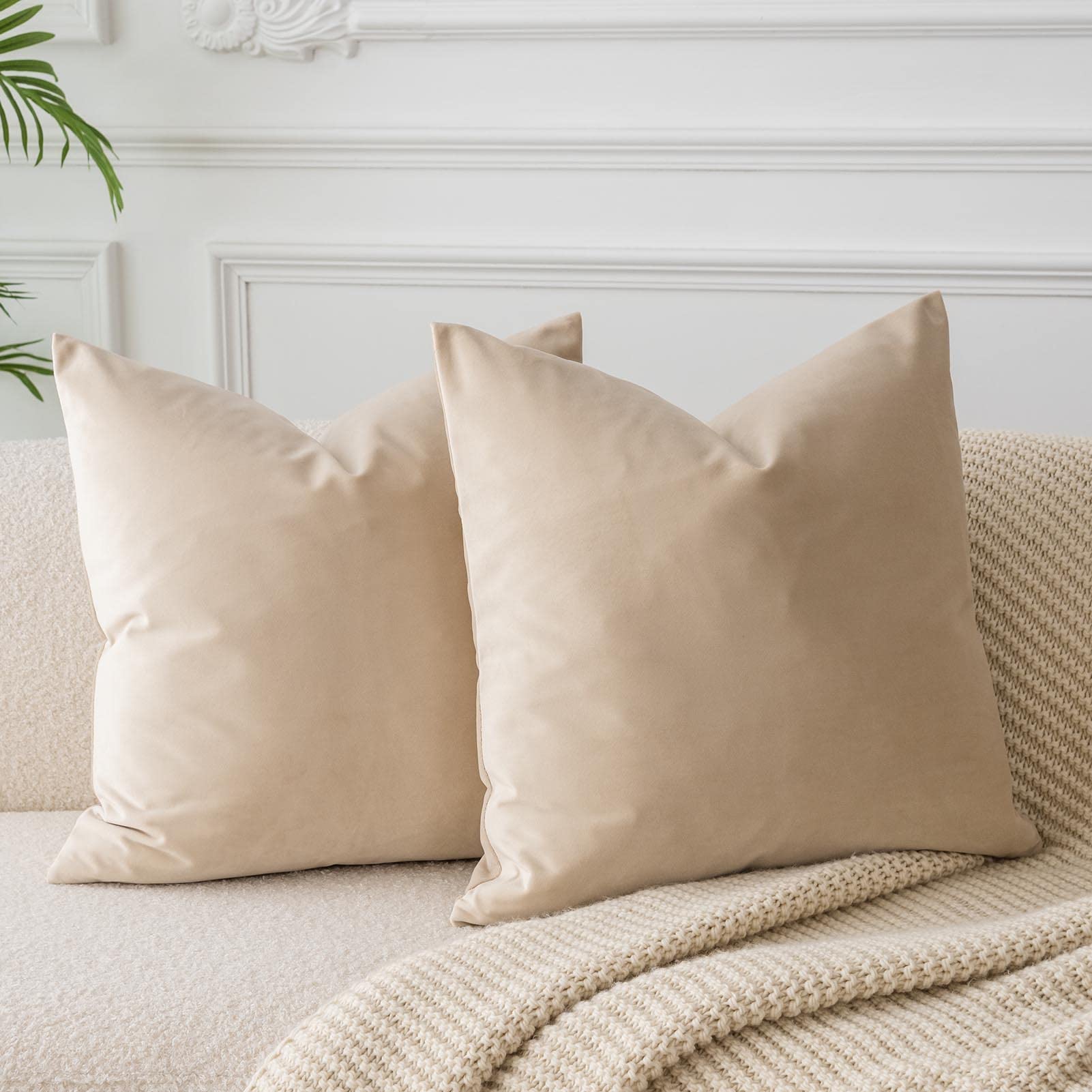 JUSPURBET Velvet Soft Decorative Throw Pillow Case Cushion Covers with Invisible Zipper for Livingroom Sofa Bedroom 22x22 Inch 2 Pieces Khaki — image 1