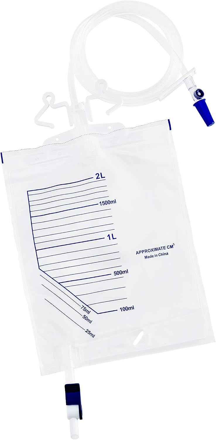 1pc Pack of 2000ml Catheter Night Bag with Integrated Hanger (Catheter Bag Holder) and Lever Tap, Sterile