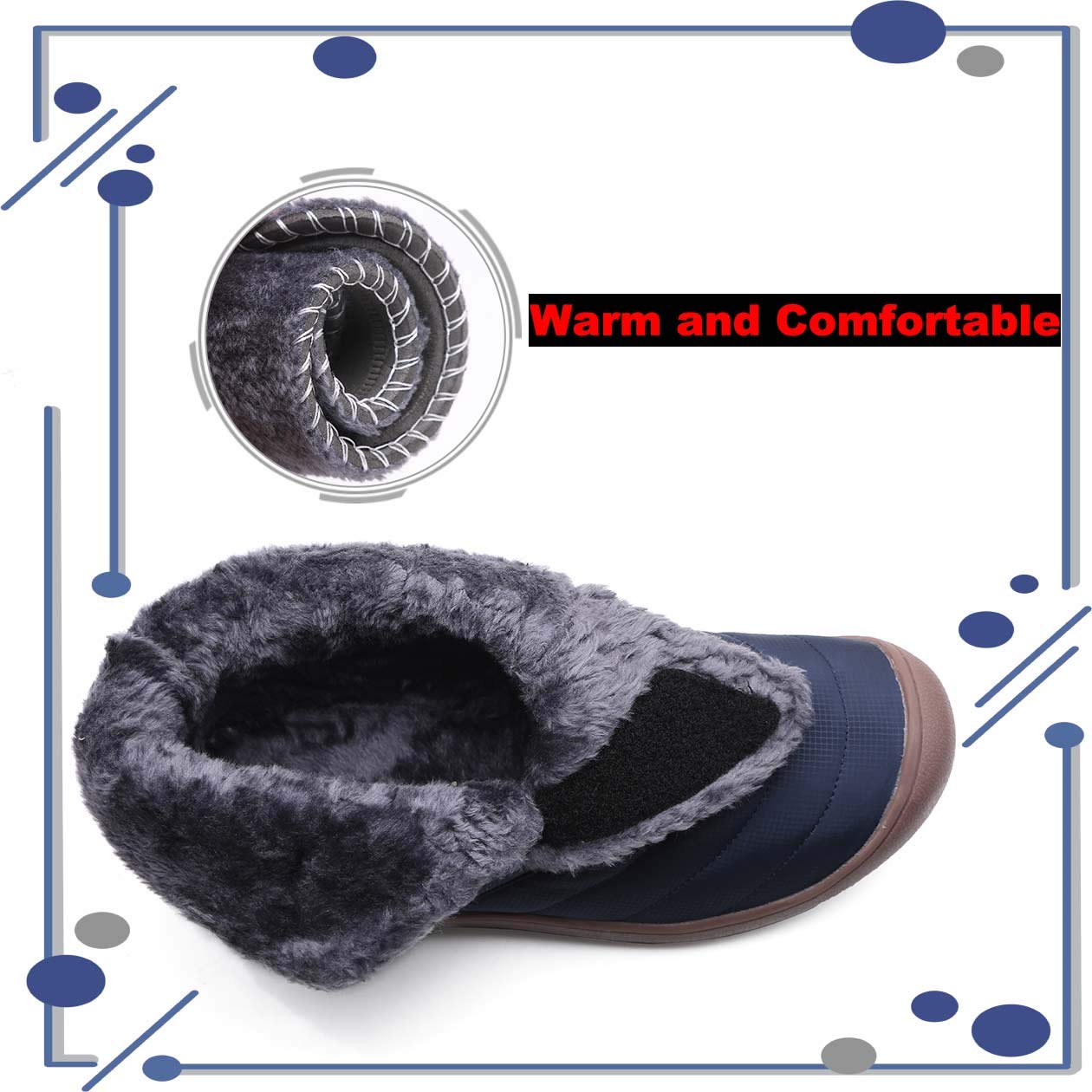 CARENURSE Men Women Winter Snow Boots with Fur Velcro Closure Water Resistant Lightweight Slip On Ankle Booties for Outdoor Blue