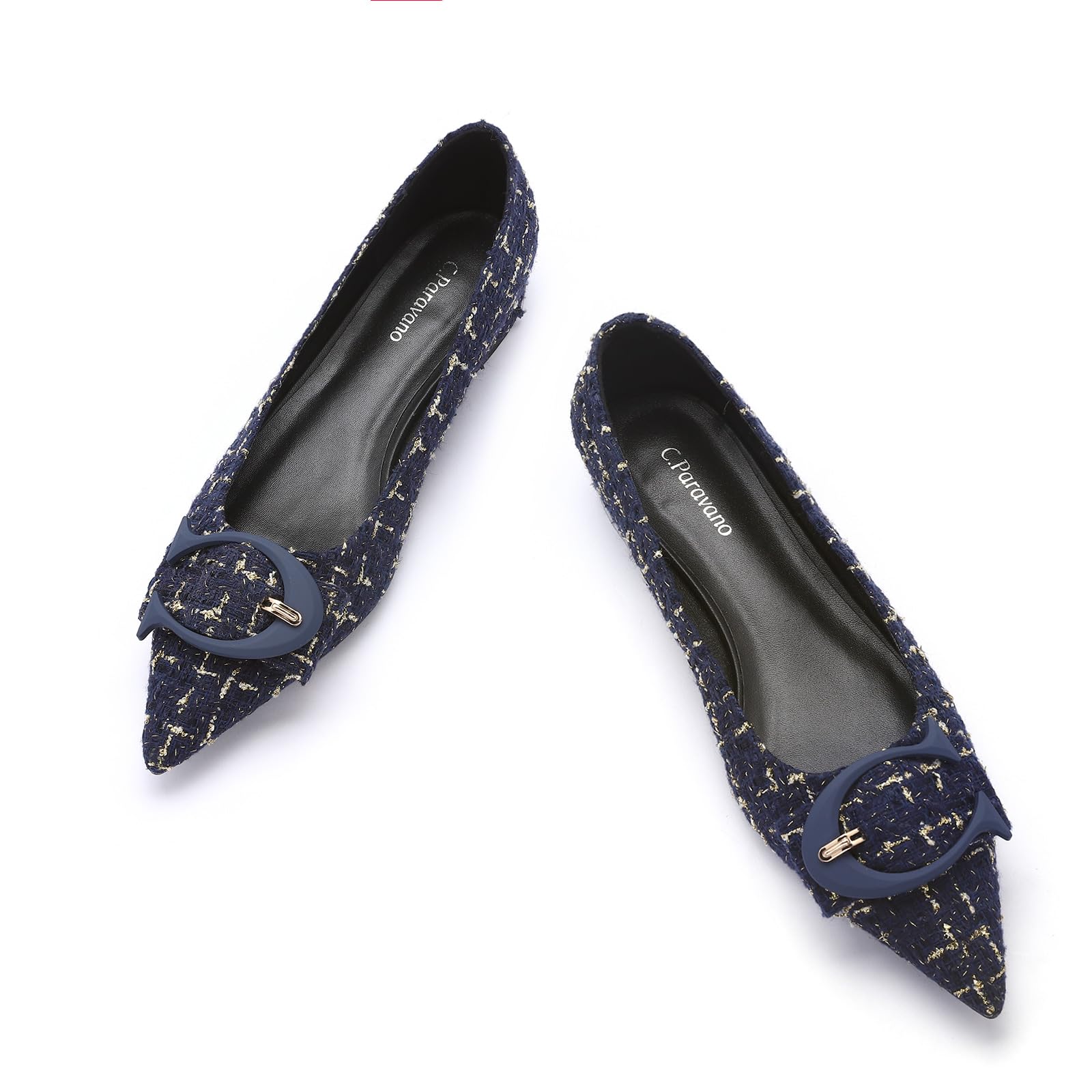 C.Paravano Women's Pointed Toe Ballet Flats | Tweed & Lambskin Slip-On Shoes With Bow (Size 9, Black)
