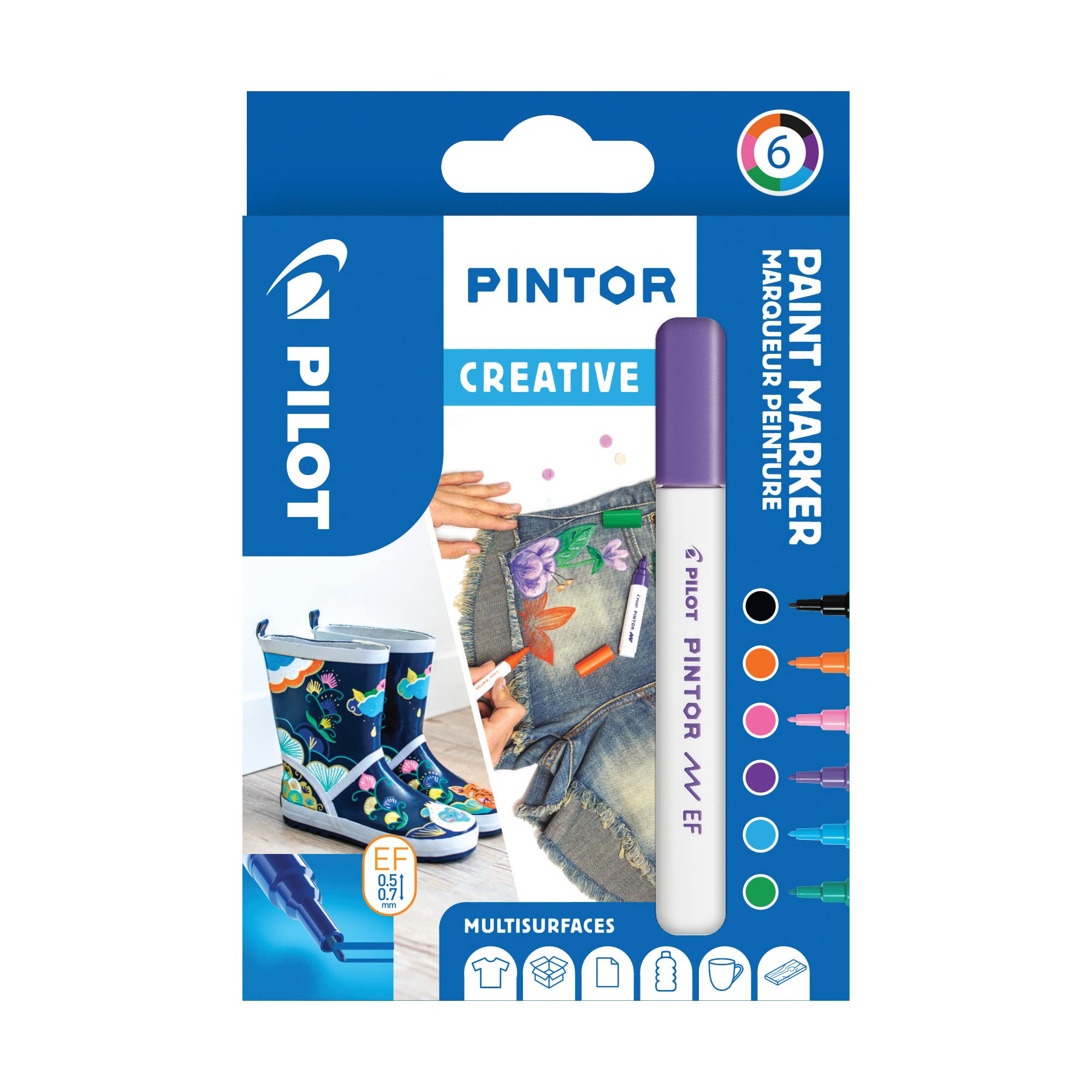 PILOT - Pintor, Creative Mix, Wallet of 6 Creative Multi-Surface Water-Based Permanent Markers - Quick Dry - For Fabrics, Glass, Wood, Stone, DIY - Extra-Fine Tip - Assorted Creative Colors