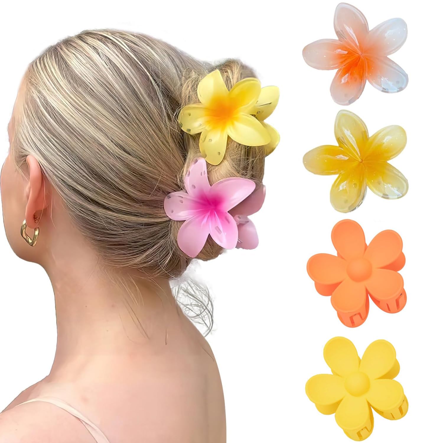 Flower Hair Clips 4PCS Cute Hair Claw Clip Hawaiian Flower Claw Clips Matte Large Claw Clips Strong Hold Jaw Clamps Thick Hair Accessories Thin Hair Claw for Women Girl Gift (Colour2)